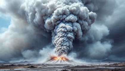 Majestic volcanic eruption creates towering ash clouds over the rugged landscape at midday
