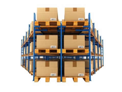 Warehouse, stacked boxes on pallets, metal shelving, organized storage, distribution space, cardboard packaging, logistics. Isolated on white background or PNG