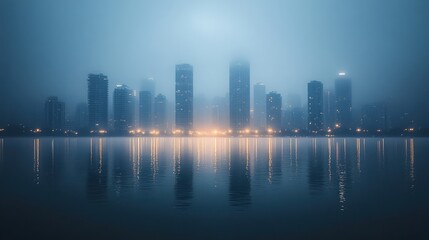 Obraz premium Foggy city skyline reflected in calm water.
