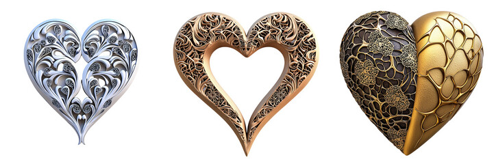 Three intricately designed hearts in varying metallic finishes showcase unique patterns and textures.