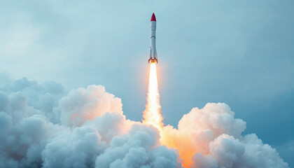 Rocket launches into the sky amid clouds during early morning, showcasing human innovation and exploration