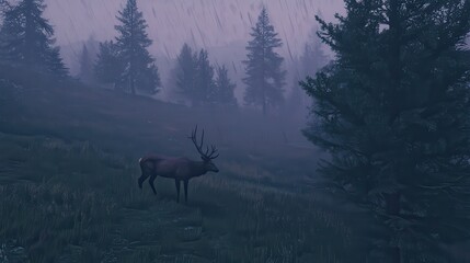 A wildlife scene of a deer grazing in a misty forest at dawn