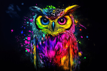 Naklejka premium A vibrant watercolor painting of a colorful owl with expressive eyes. The concept of creativity, wisdom, and the beauty of nature interpreted through artistic expression. Generative AI.