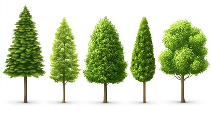 Five diverse green trees isolated on white.