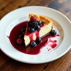 Berry sauce splattered on the plate with cheesecake crumbs and pieces, syrupy, sauce