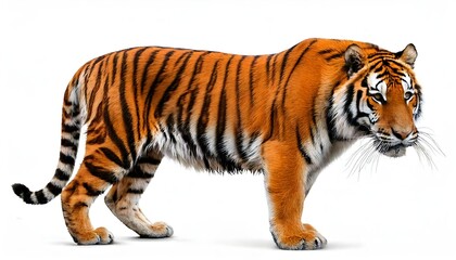 A tiger in full growth and isolated on white, showcasing strength and beauty, powerful wild animal in full display