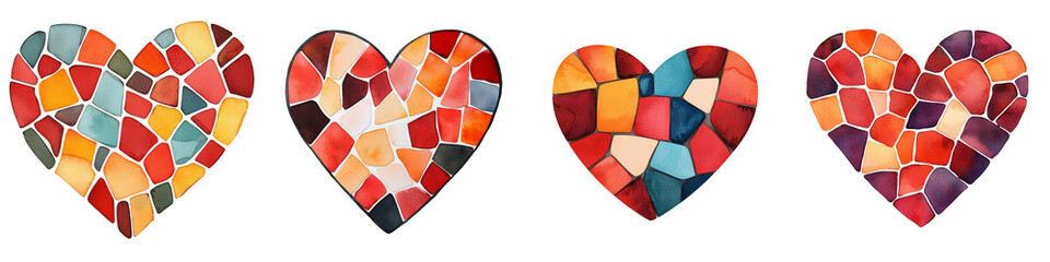 Fototapeta premium Four colorful, mosaic hearts displayed in a row, each with a unique arrangement of vibrant tiles.