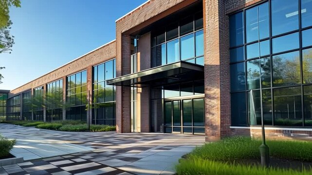 Glass doors of a modern office building are opening, revealing a spacious and contemporary interior, surrounded by lush landscaping and a paved walkway