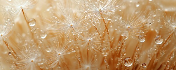 Intricate macro shot of dewcovered dandelion seeds, with each droplet enhancing the delicate structure of the plant