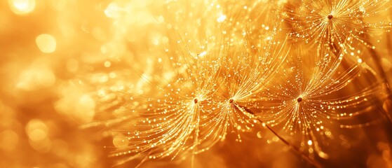 Fototapeta premium Macro shot of dandelion seeds with shimmering dew drops, evoking a sense of freshness and tranquility