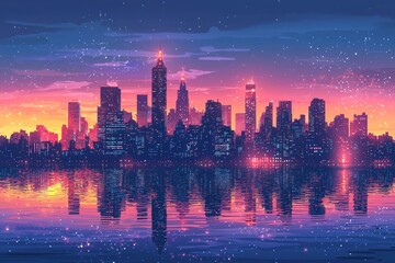Obraz premium Cartoon city skyline at dusk with vibrant sunset reflections