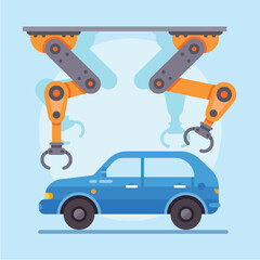 Two robotic arms working meticulously on a blue car within a futuristic factory, highlighting the advancements in automation and efficiency in the automotive manufacturing industry