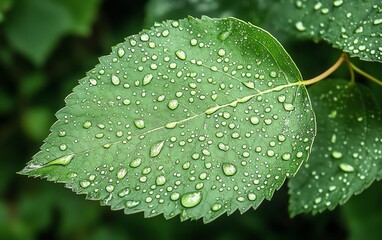 Raindrops glistening on a wet green leaf, with a soft blurred background, evoking a peaceful and refreshing nature scene
