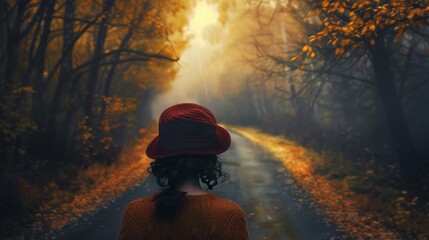 Back view of young woman walking on road looking away in autumn forest