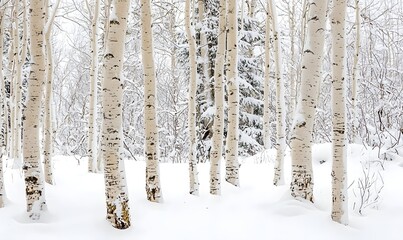 Fototapeta premium A painting of a tranquil birch forest in the snow with textured brushstrokes reminiscent of sunlight using a muted white taupe and gray palette