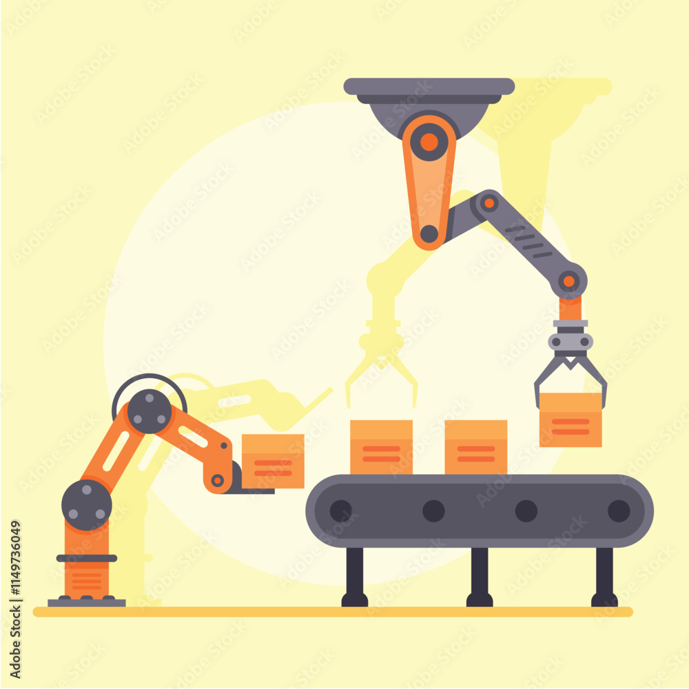 Aufkleber automated robotic arms lifting and moving boxes on an assembly line inside a factory, representing a
