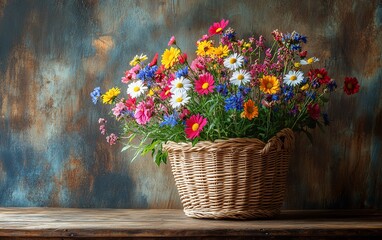 Woven basket filled with vibrant wildflowers, rustic table, aged textured wall backdrop, cozy and natural decor style, ultradetailed and vivid imagery