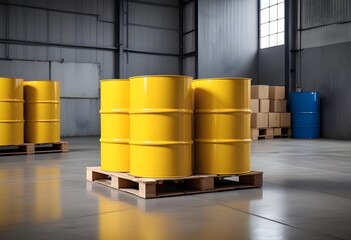 Stacked yellow oil drums on a wooden pallet in an industrial setting