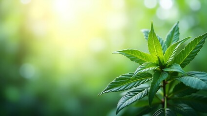 Naklejka premium Bright sunlight illuminates vibrant green leaves on a lush plant. Perfect for nature, gardening, or environmental concepts in design projects