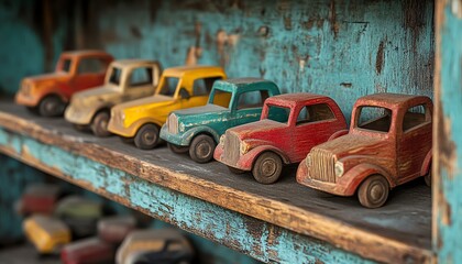 Antique wooden toy cars on a weathered shelf, showcasing intricate craftsmanship and nostalgic appeal, rustic setting, ultradetailed and vintage style