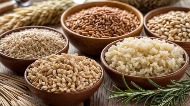 A variety of whole grains including brown rice, quinoa, oats, and barley arranged in bowls, symbolizing a nutritious diet for a healthy lifestyle.