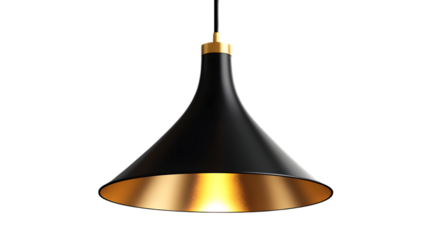 Modern black and gold pendant light with a sleek conical shape, perfect for contemporary interior lighting. Isolated on transparent background