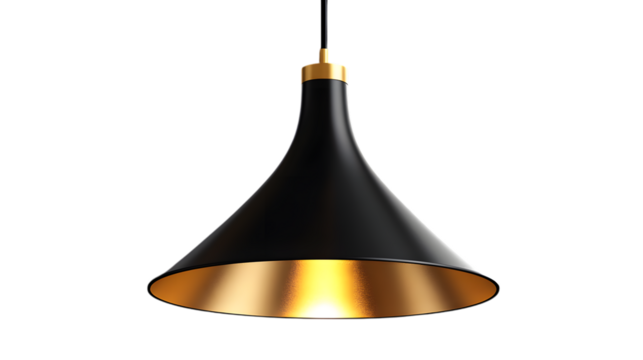 Modern black and gold pendant light with a sleek conical shape, perfect for contemporary interior lighting. Isolated on transparent background