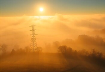 Early morning fog with power wires in Hessen, Germany, Europe