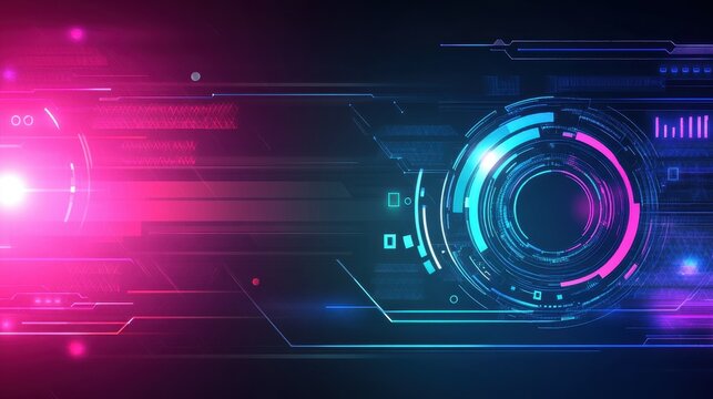 Abstract Futuristic Technology Background with Glowing Neon Lines and Circles.