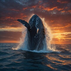 A giant whale breaching the surface of the ocean against a fiery sunset.