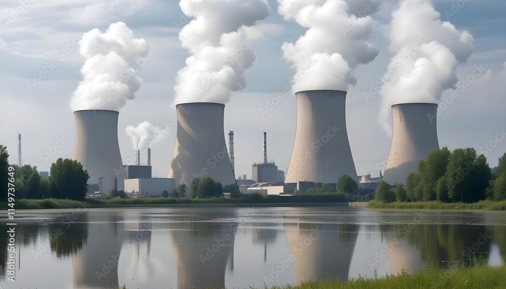 Wall mural Nuclear power plant with cooling towers emitting steam against a cloudy sky