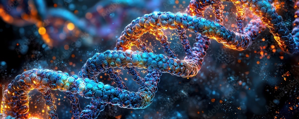 Poster close-up view of dna double helix structure with glowing effects