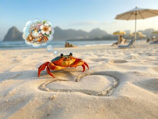 A fictional illustration of a crab in love on the beach. A Valentine's Day card. Blurred background