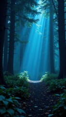 Fototapeta premium A beam of bright blue light illuminates the dark forest floor, undergrowth,, blue flash light effect