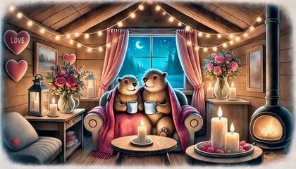 A fictional illustration of a beaver couple in love. A Valentine's Day card. Love is everywhere, love for everyone