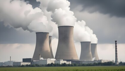 Nuclear power plant with cooling towers emitting steam against a cloudy sky
