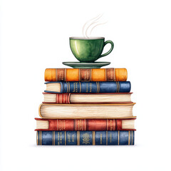 Naklejka premium stack of colorful books with steaming cup on top, perfect for cozy reading