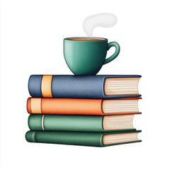 Naklejka premium cozy stack of colorful books with steaming cup on top, perfect for reading