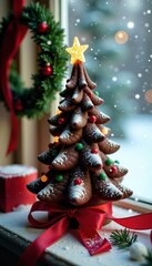 Obraz premium A beautifully decorated chocolate Christmas tree is tied to a red silk ribbon with a sparkly star on top of a snowy winter scene, Frosty Windowpane, Festive Wreath, Red Ribbon