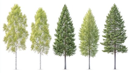 Five isolated trees; birch, spruce, pine, fir.