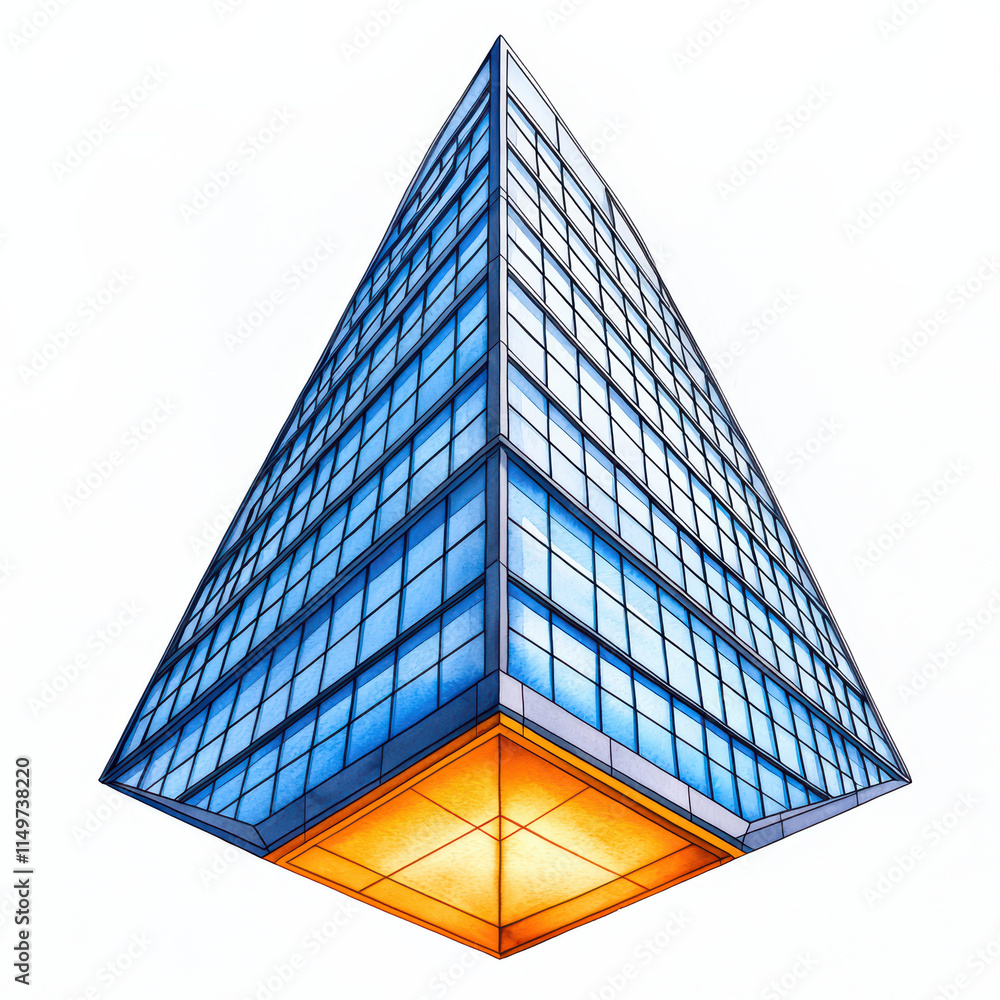 Poster striking architectural of modern building with unique triangular shape, featuring blue glass and ill