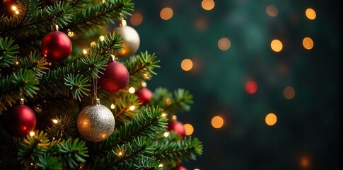 Obraz premium A beautifully decorated evergreen tree adorned with sparkling ornaments and lights, evergreen tree, garland, holly