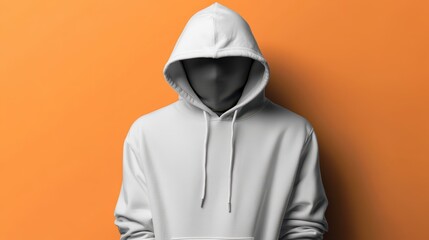 Anonymous Person in White Hoodie Against Orange Background.