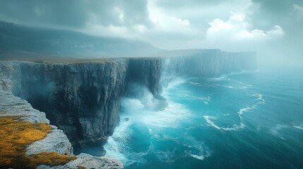 Fototapeta premium Dramatic cliffs, ocean waves crashing, misty sky.