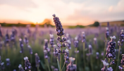 Obraz premium Breathtaking lavender flower field at sunset with golden hues