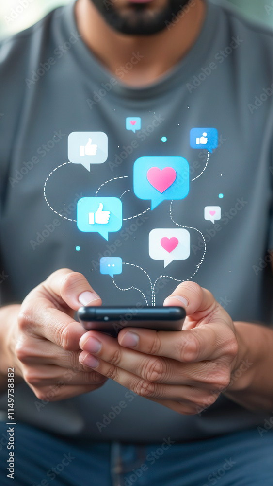 Poster smartphone with social media icons and likes. man hand using smartphone typing live chat chatting on