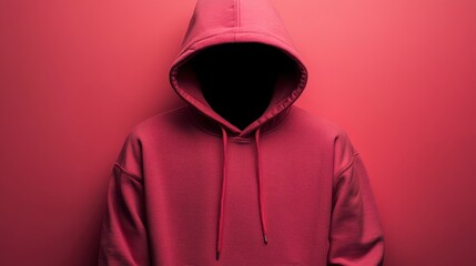 Anonymous Person in Red Hoodie Against Red Background.