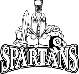Obraz premium A spartan or trojan angry mean pool billiards mascot cartoon character holding a black 8 ball.