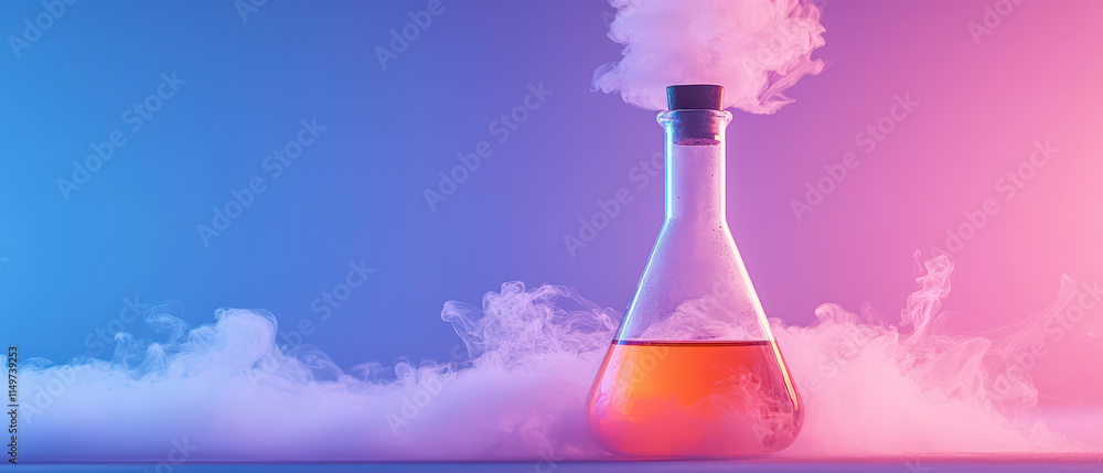 Poster close up of chemistry experiment featuring flask with colorful liquid and smoke, creating vibrant at