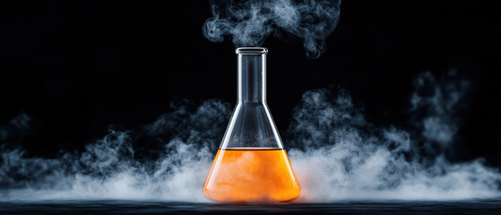 close up of chemistry experiment featuring glass flask with orange liquid and smoke. scene evokes curiosity and scientific exploration